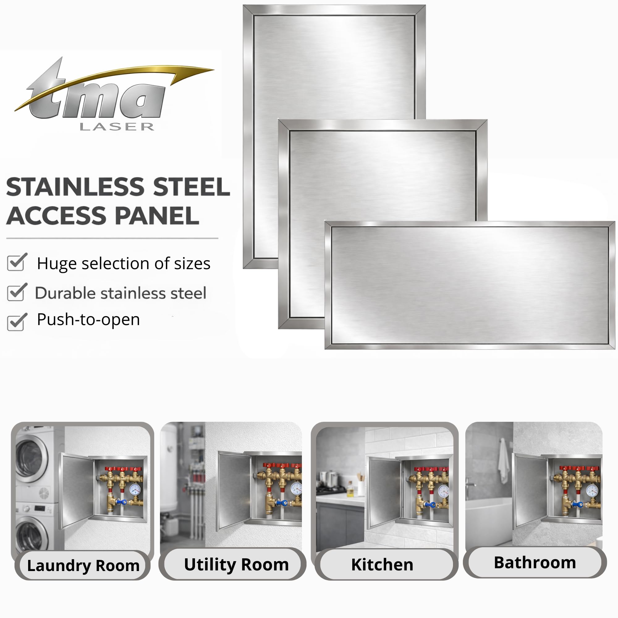 TMALASER Drzwi rewizyjne metalowe 15 x 25 cm stal nierdzewna – klapa rewizyjna Inox 150 x 250 mm push to open/Klick-Klack - drzwi inspekcyjne do ścian karton-gips