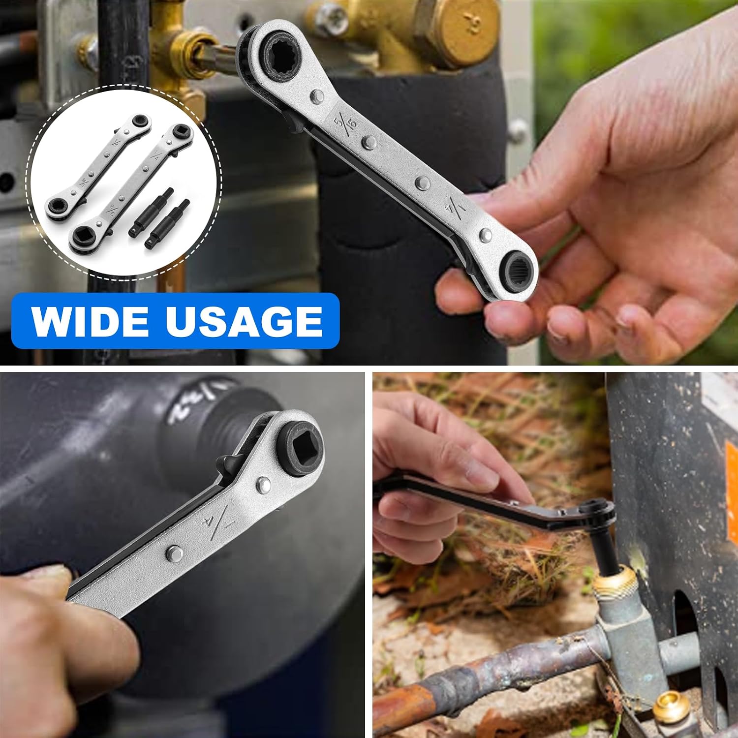 HVAC Service Flat Wrench, Air Conditioner Valve Flat Ratchet Wrench with Hex Bit Adapter 3/16’’ to 3/8’’ 5/16'' x 1/4'' (2PC Offset Service Ratchet Wrench)