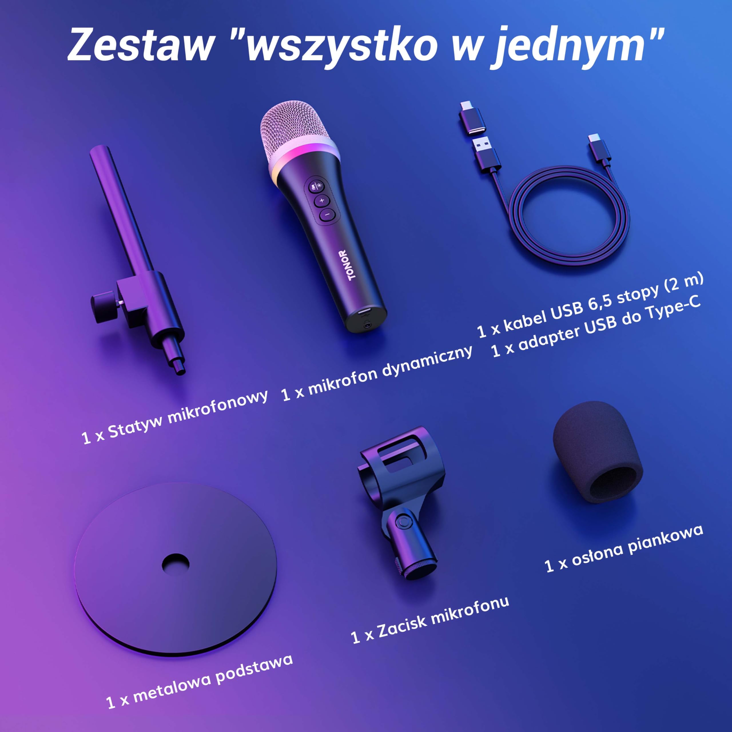 TONOR Mikrofon dynamiczny USB/typ C do komputera PC, mikrofon do gier komputerowych do podcastów RGB ze stojakiem biurkowym do nagrywania, Na żywo,YouTube, śpiewania, studia, karaoke czarny