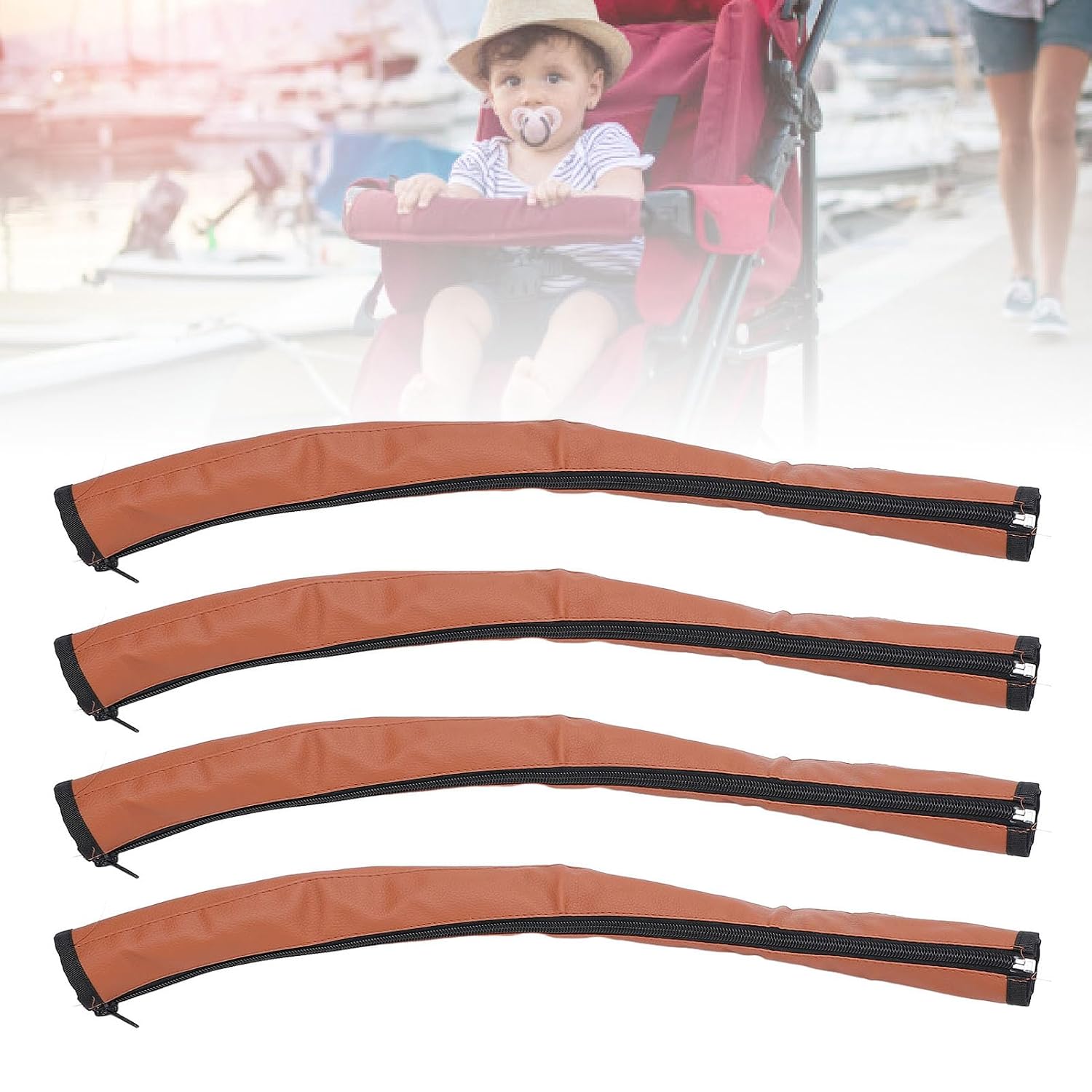 Stroller Grip Bar Cover PU Leather 4pcs Long Style with Zipper, Baby Pram Handle Protector Sleeve, Stroller Accessories (Brown)