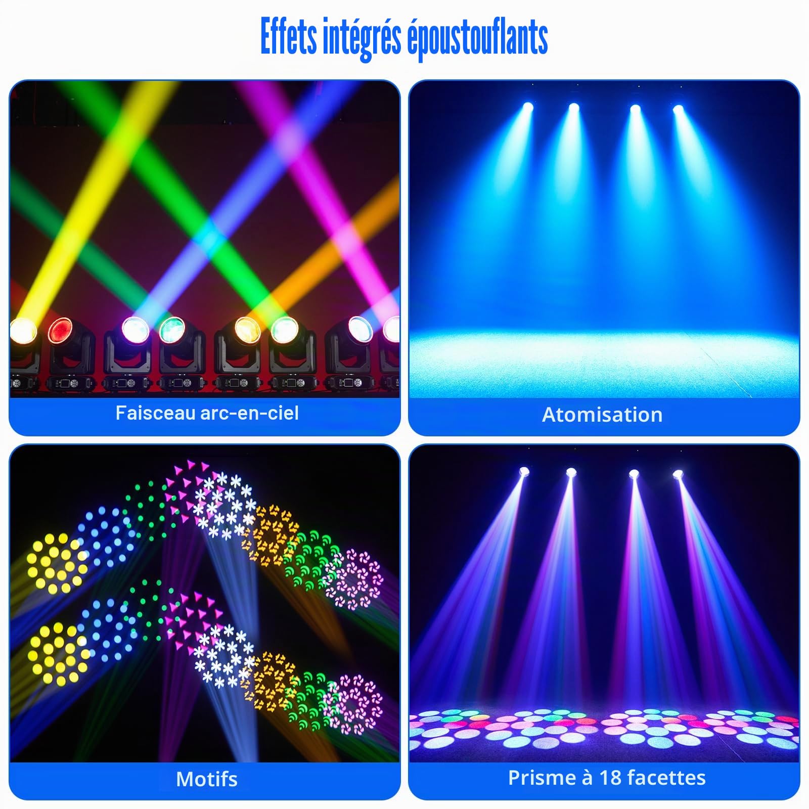 Lyre LED Beam 200W, Zoom Électronique 18 Prismes 11+1 Couleurs et 14+1 Motifs Effet D'atomisation LED RGB d-mx512 (16CH) pour Scène Mariage DJ Fête de Noël