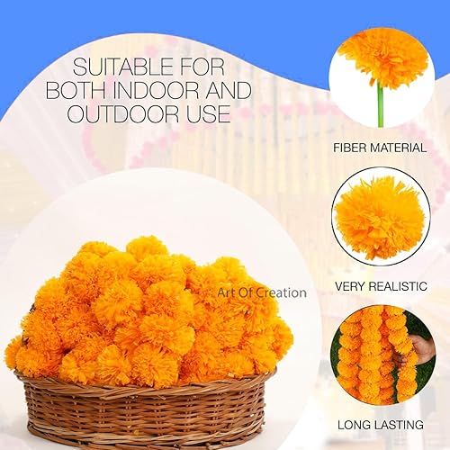 Miniatura 5 de Art of Creation Guirnalda de caléndula de 5 pies con flores indias americanas para decoración de manto, decoración de boda, decoración de Diwali,
