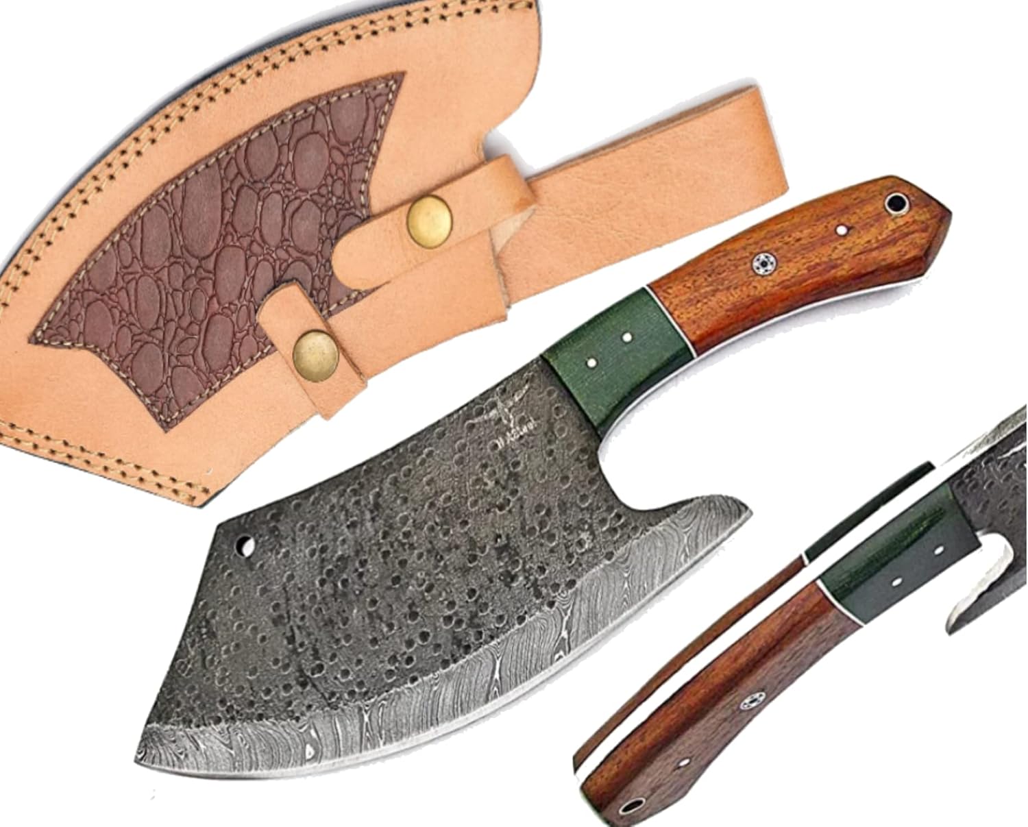 Handmade Damascus Steel Full Tang Cleaver Knife - Butcher Knife - Meat Cleaver Knife - Chef Knife with Ergonomic Handle and Real Leather Sheath