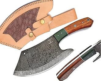 Handmade Damascus Steel Full Tang Cleaver Knife - Butcher Knife - Meat Cleaver Knife - Chef Knife with Ergonomic Handle and Real Leather Sheath