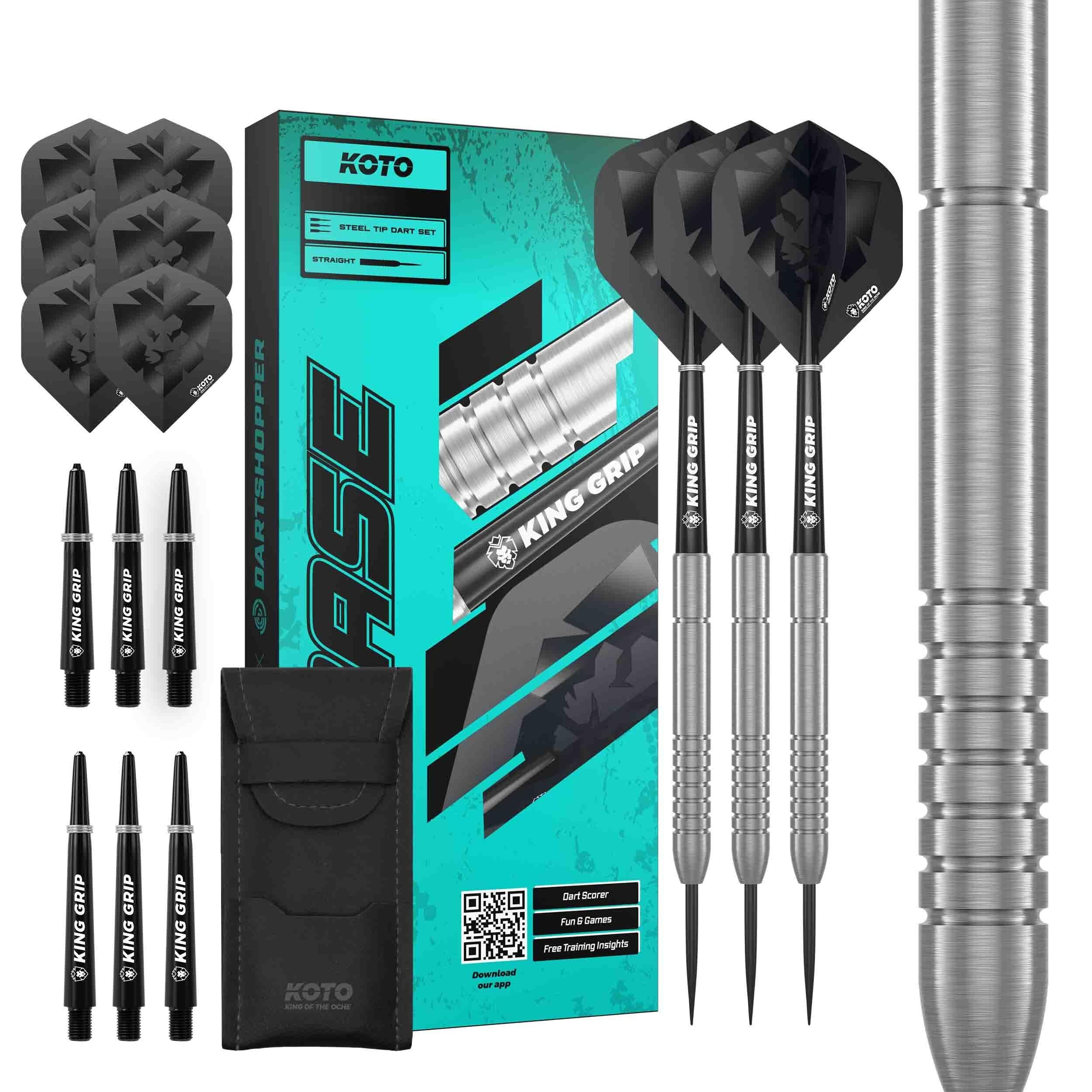 KOTO - Freccette King Base 90% 23 G, Argento, 3 Barili, 2 Set di Alette + Aste & Portafoglio per Freccette
