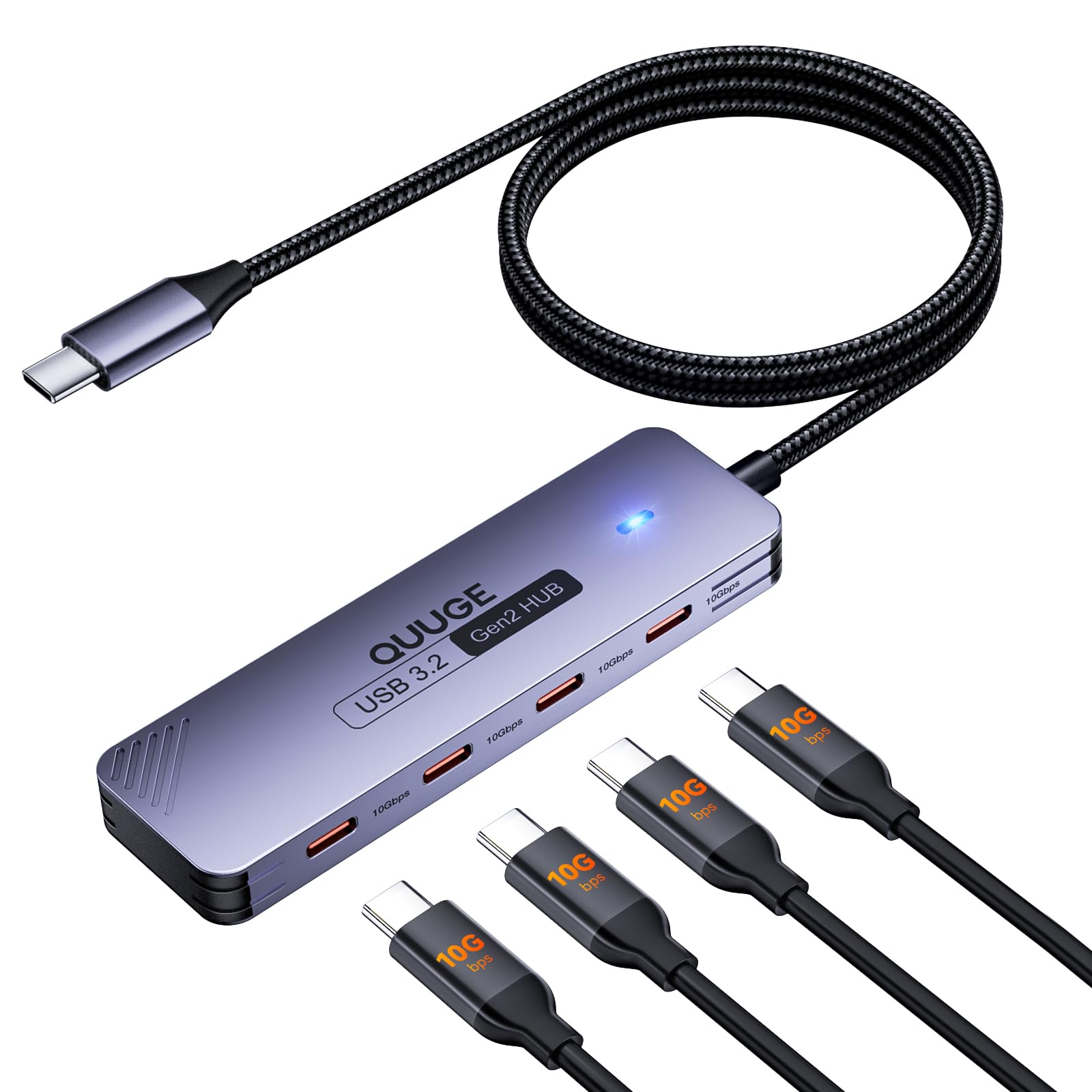 USB C 3.2 Hub 10Gbps, QUUGE 4-in-1 Adapter mit 4 USB C 3.2 Ports, Aluminium Multiport Splitter mit 100cm Nylon-Kabel kompatibel für MacBook Air/Pro, Mac mini M4, iMac, iPad, Surface, Dell, HP, Lenovo