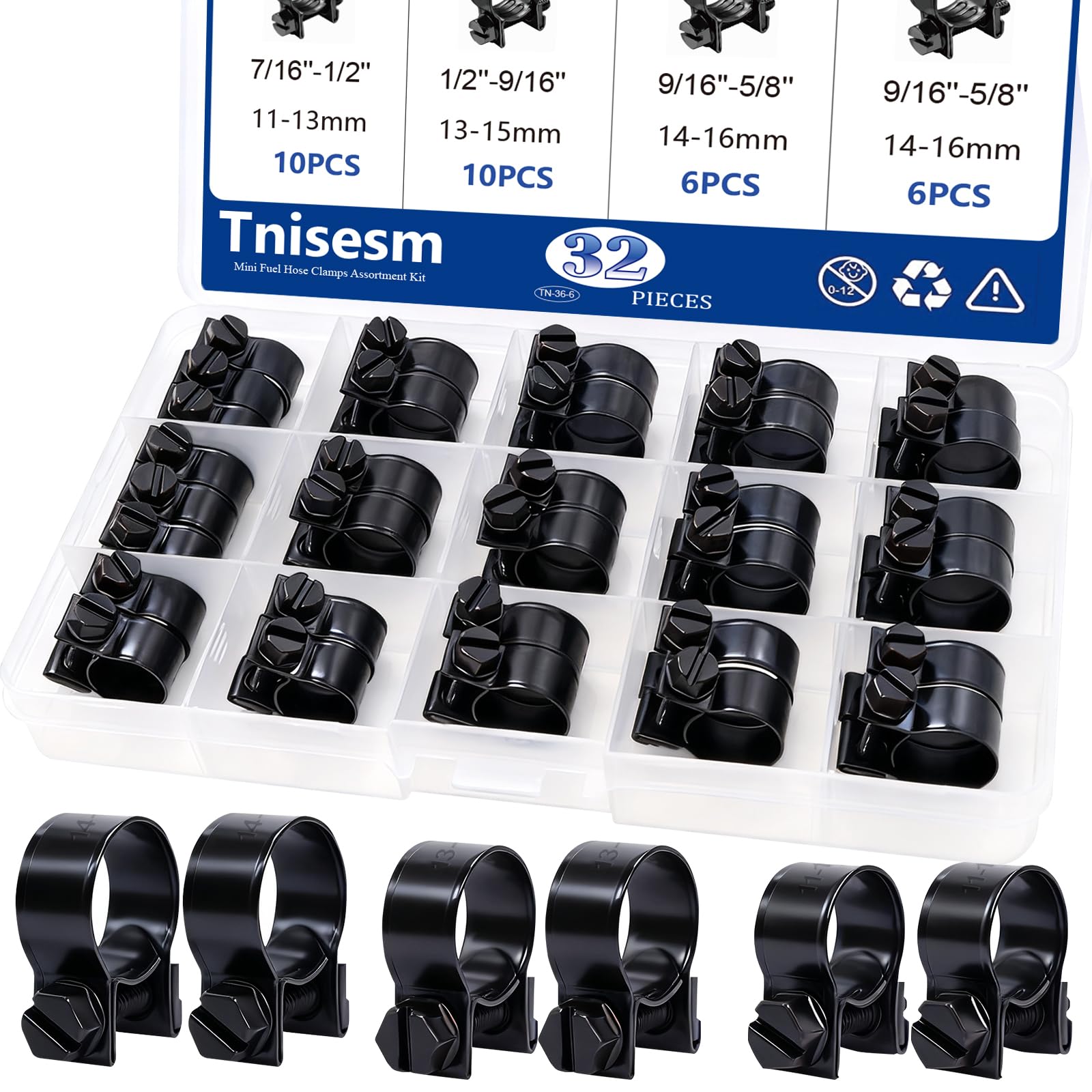 Photo 1 of Tnisesm 32Pcs 1/4" 5/16" 3/8" Fuel Injection Gas Line Hose Clamps Black Clip Pipe Clamp Assortment Kit, Hoses Clamps Sleeving,for Automotive Diesel Petrol Pipe