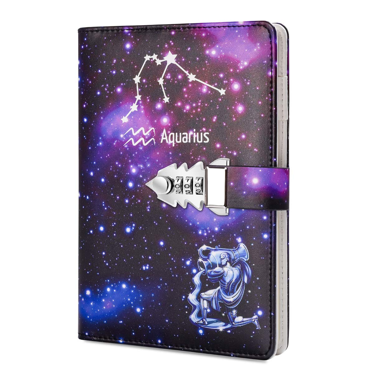 ARRLSDB A5 Creative Password Lock Journal PU Leather Combination Lock Diary Locking Diary Notepad (Aquarius)