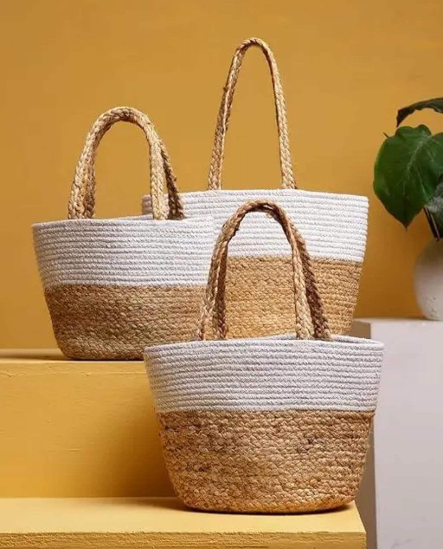 Juego de cestas de almacenamiento de cuerda tejida, yute natural y algodón, dos tonos blanco y beige, asas trenzadas