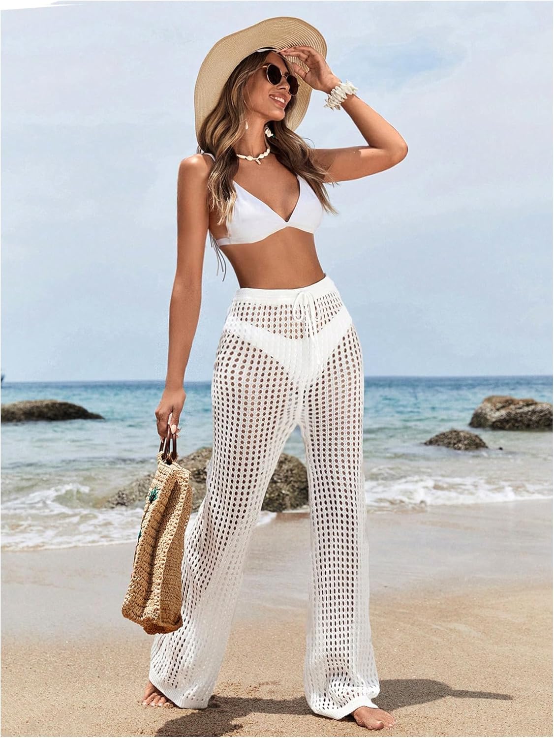 COZYEASE Women's Beach Cover Up Pants Hollow Out Drawstring Elastic High Waist Bathing Suit Cover Up Beach Pants - Image 5