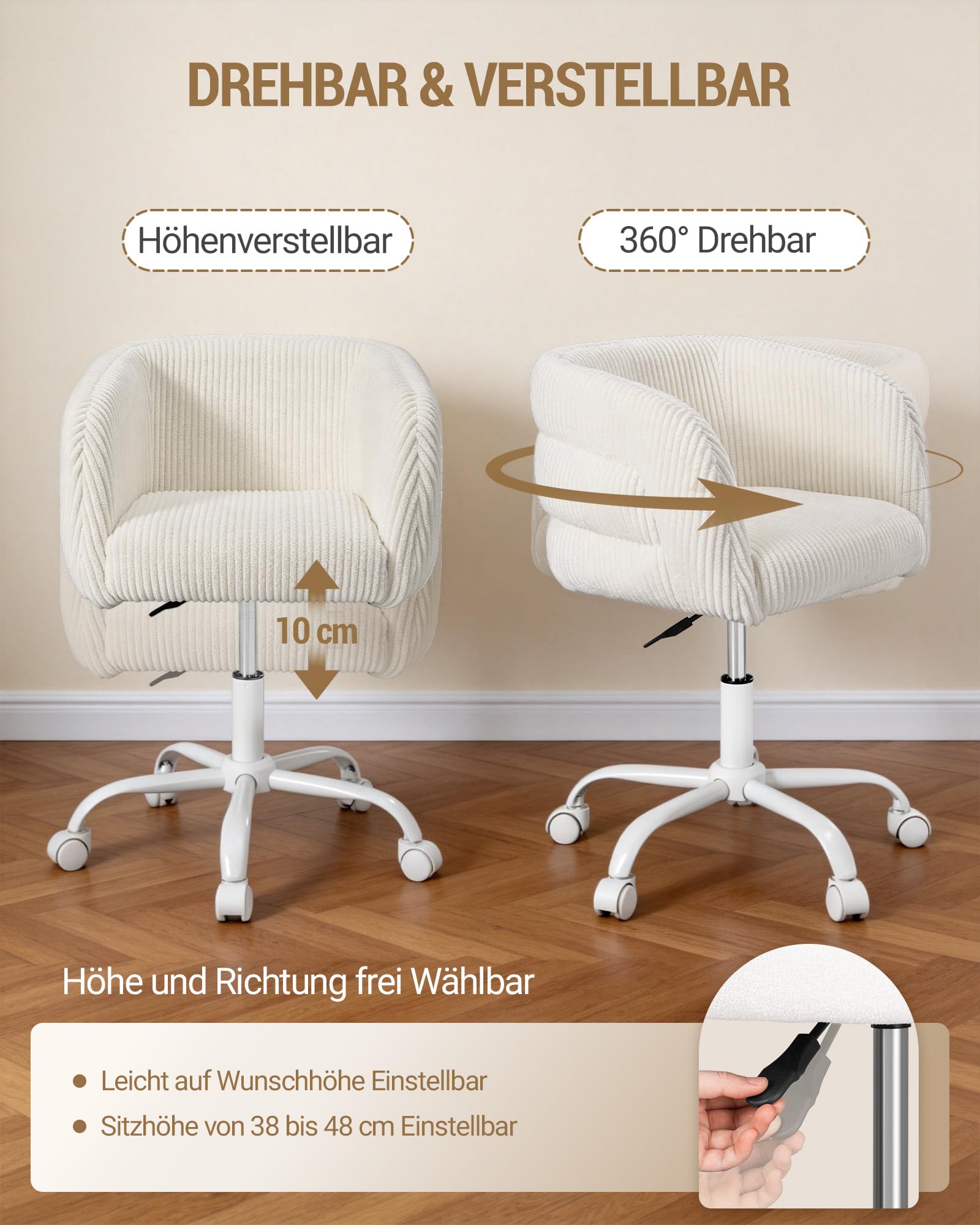 Hzuaneri Schminkhocker mit Rollen, 360° Schwenkbar, Drehstuhl, Weiß | Schminkstuhl, Höhenverstellbar, Schminkhocker mit Armlehnen und Rückenlehne,Geeignet für Schminktisch, Schlafzimmer, VS32903M