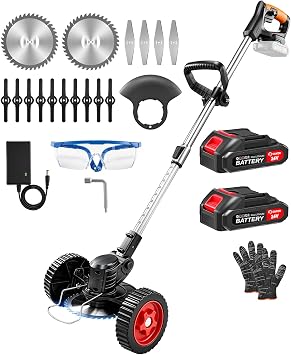 Saker 24V Cordless Weed Wacker, Electric Grass Trimmer Weed Eater with 2 Batteries, 3-in-1 Lightweight Brush Cutter/Lawn Mower/Edger with Wheels & 3 Types of Blades for Lawn, Garden & Yard CareBlack