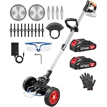 Saker 24V Cordless Weed Wacker, Electric Grass Trimmer Weed Eater with 2 Batteries, 3-in-1 Lightweight Brush Cutter/Lawn Mower/Edger with Wheels & 3 Types of Blades for Lawn, Garden & Yard CareBlack
