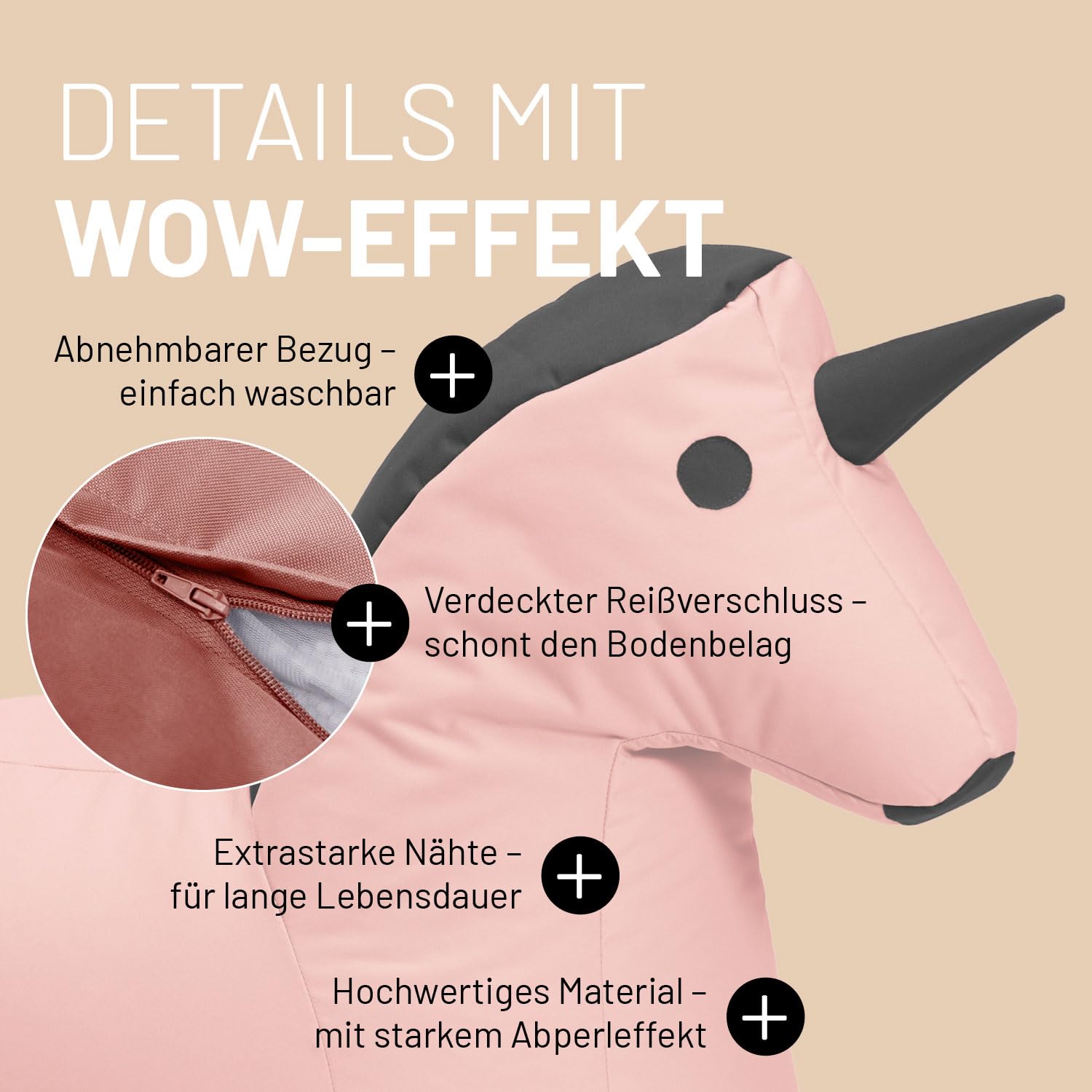 Lumaland Kindersitzsack Einhorn | Sitzsack Tier Familie für Kinder | Wasserabweisender Bean Bag für Indoor & Outdoor | Pflegeleichtes Material | 85 x 70 x 45 cm & 1,9 kg leicht [Pink/Grau]
