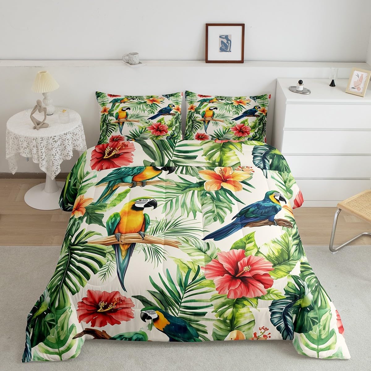 Castle Fairy Cartoon Parrot Comforter Set Queen Size 3 Pcs,Watercolor Green Palm Leaves Red Floral Bedding Set for Kids Teens Adults,Cute Colorful Birds Wild Animal Down Comforter with 2 Pillowcases