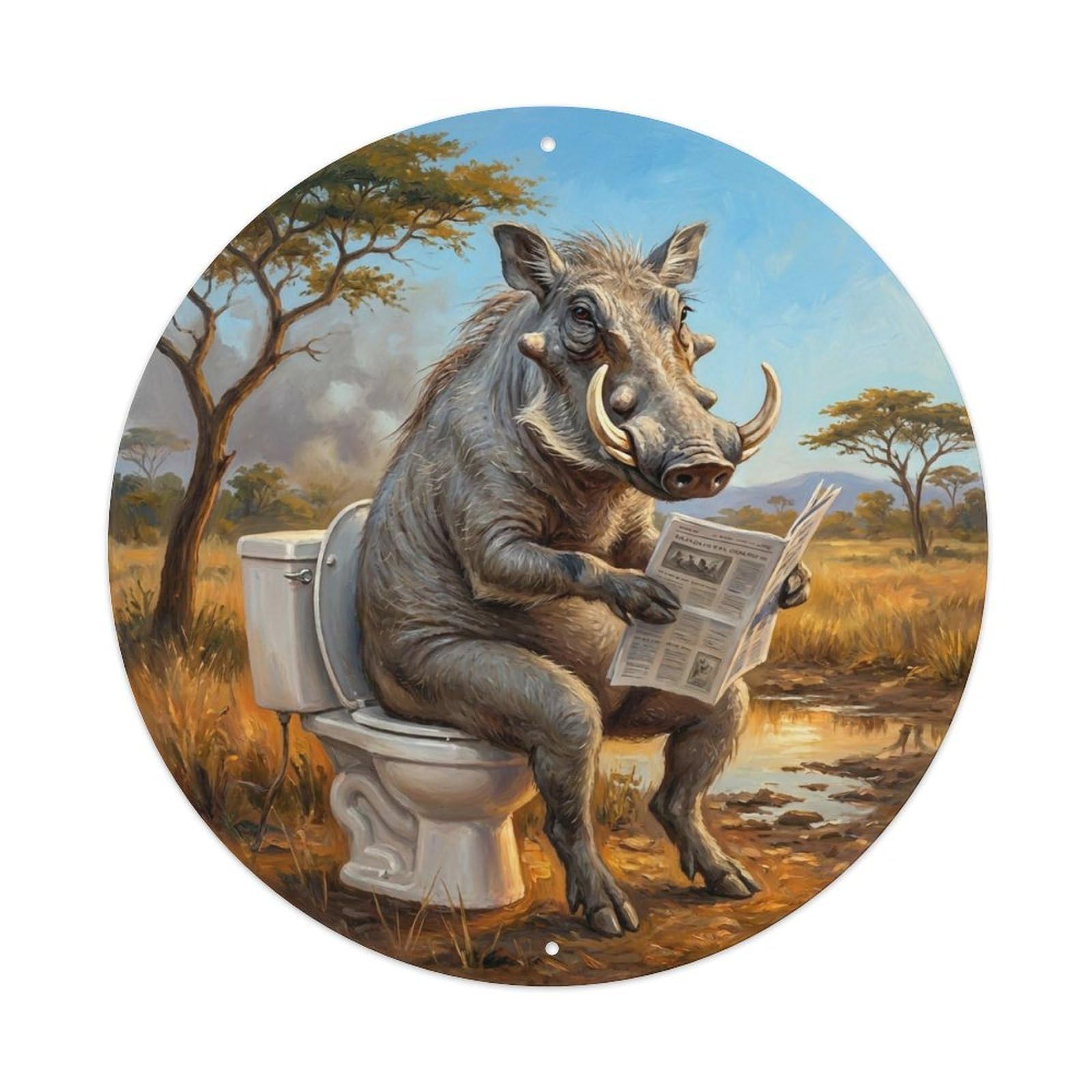 Warthog On Toilet Humorous Bathroom Savanna Mud Reads Metal Tin Sign