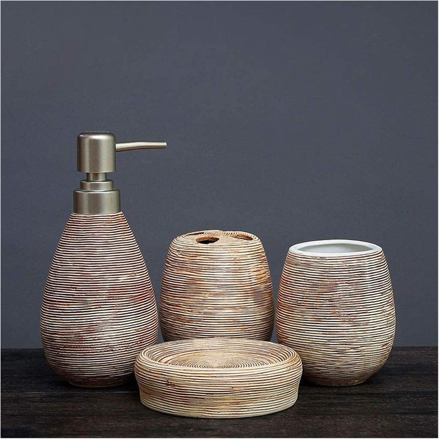 Soap Dispenser Refillable Hand Lotion Dispensers, Bathroom Accessories Set,4 Pieces Modern Ceramic Bathroom Accessories Bathroom Set Soap Dispenser Soap Dish Toothbrush Holder Rinse Cup for (Yellow)