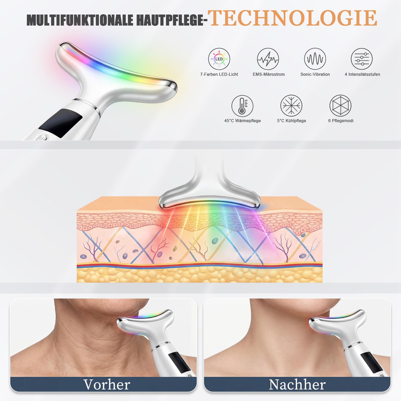 Gesichtsmassagegerät, EMS Gerät Gesicht gegen Falten, Face Massager mit 5°C Kühlung & 45°C Wärme, 6 Modi, 7 Farben LED Lichttherapie, Face Lifting Gerät für Gesicht & Hals Straffen - Weiß