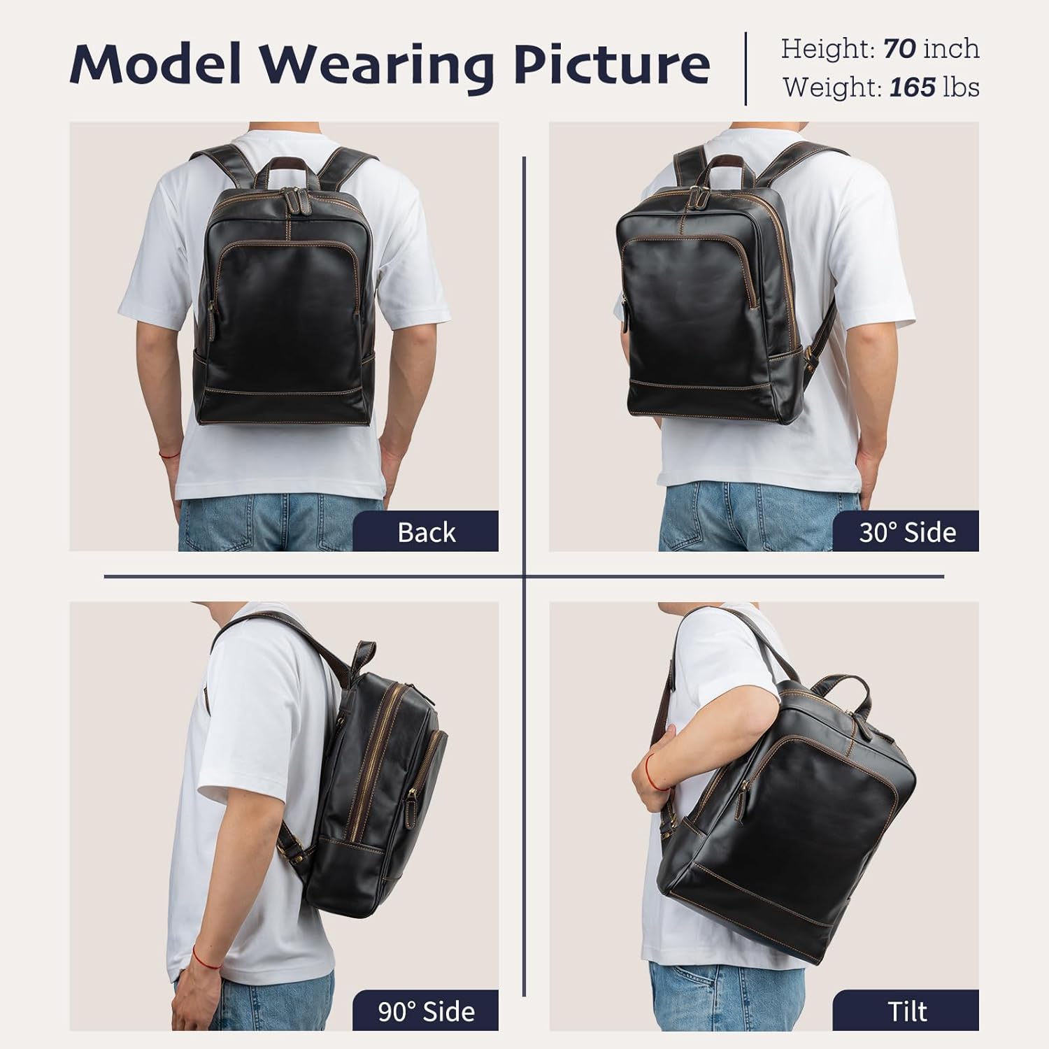 Leather Backpack for Men 15.6" Laptop Backpack 100% Madagascar top-Grain Leather Backpack Black Medium Size - Image 2