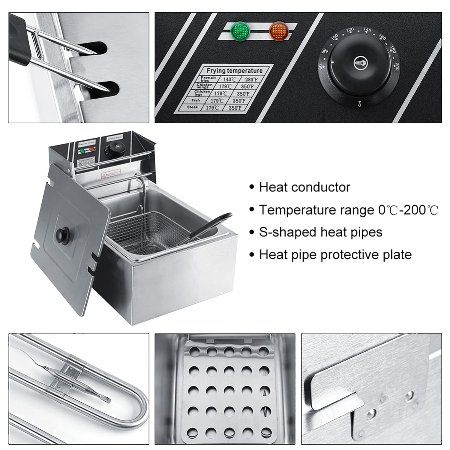 Freidora eléctrica de Acero Inoxidable de 6 l, Control de Temperatura Ajustable, freidora Comercial Resistente con Cesta, para Cocina casera y Restaurante.,