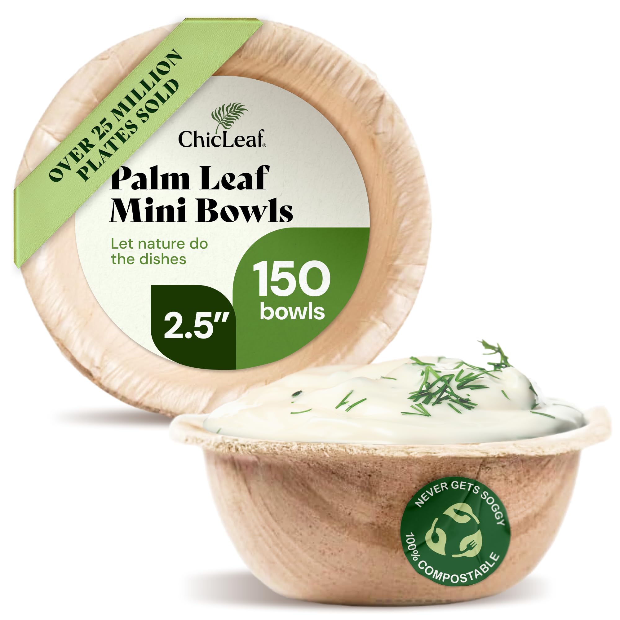 Chic Leaf Palm Leaf Bowls - Mini Disposable Bamboo Bowls for Parties, Event Appetizers - Biodegradable & Compostable Party Supplies (2.5'' Round - 150 Pack)