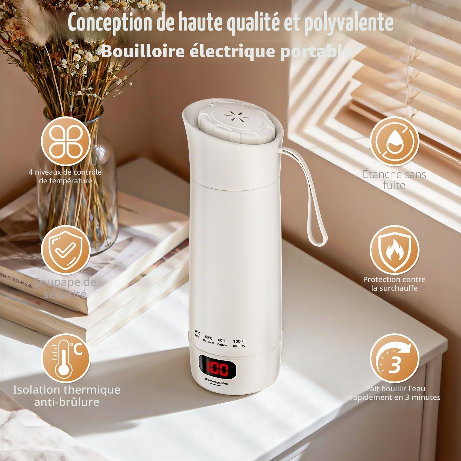 Mini Bouilloire Électrique Portable 400 ML 3 en 1 avec 4 Niveaux de Température, Doublure Acier Inoxydable 304