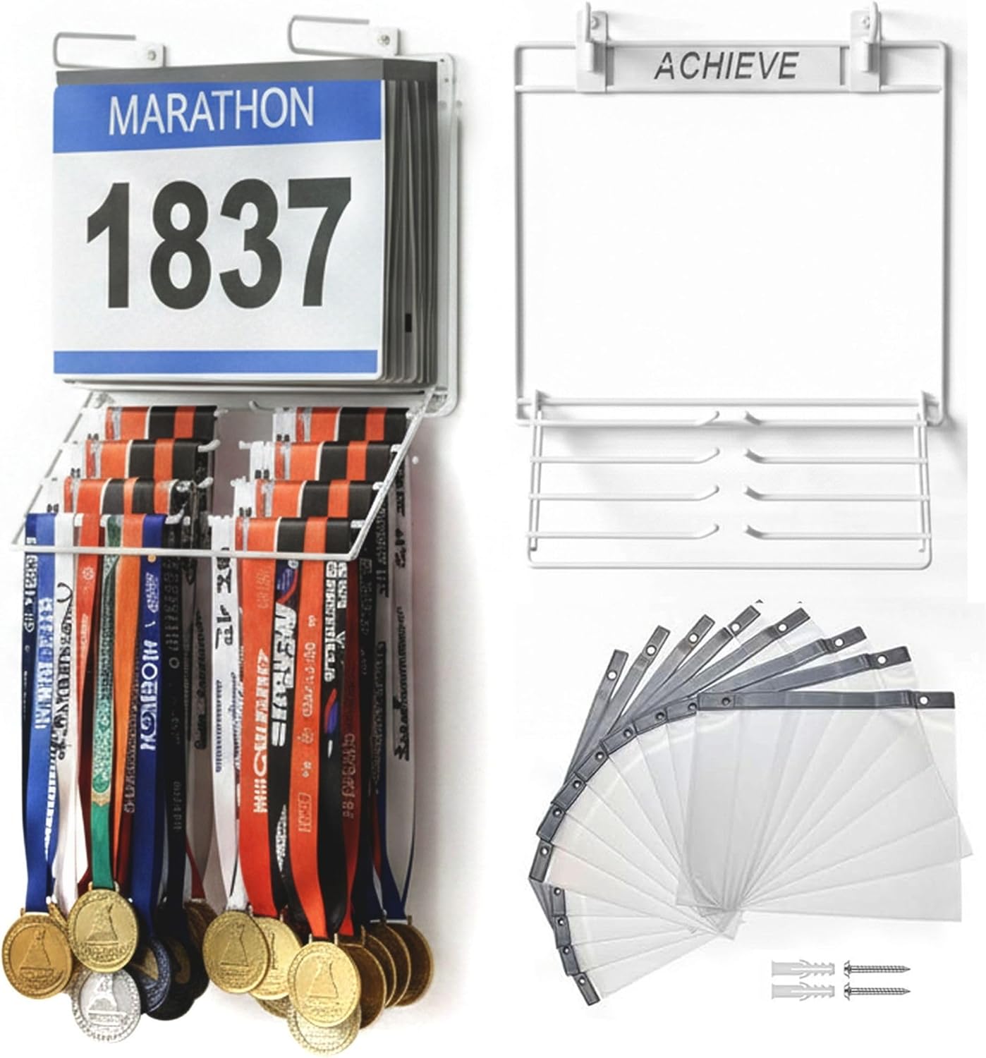 Performore 2-in-1 Wall-Mount Medal & Bib Display Rack | Metal Steel Organizer Rack with 12 Clear Bib Pockets, Hooks & Mounting Kit | Holds 40+ Medals & Bibs | Home, Gym, Sports Room