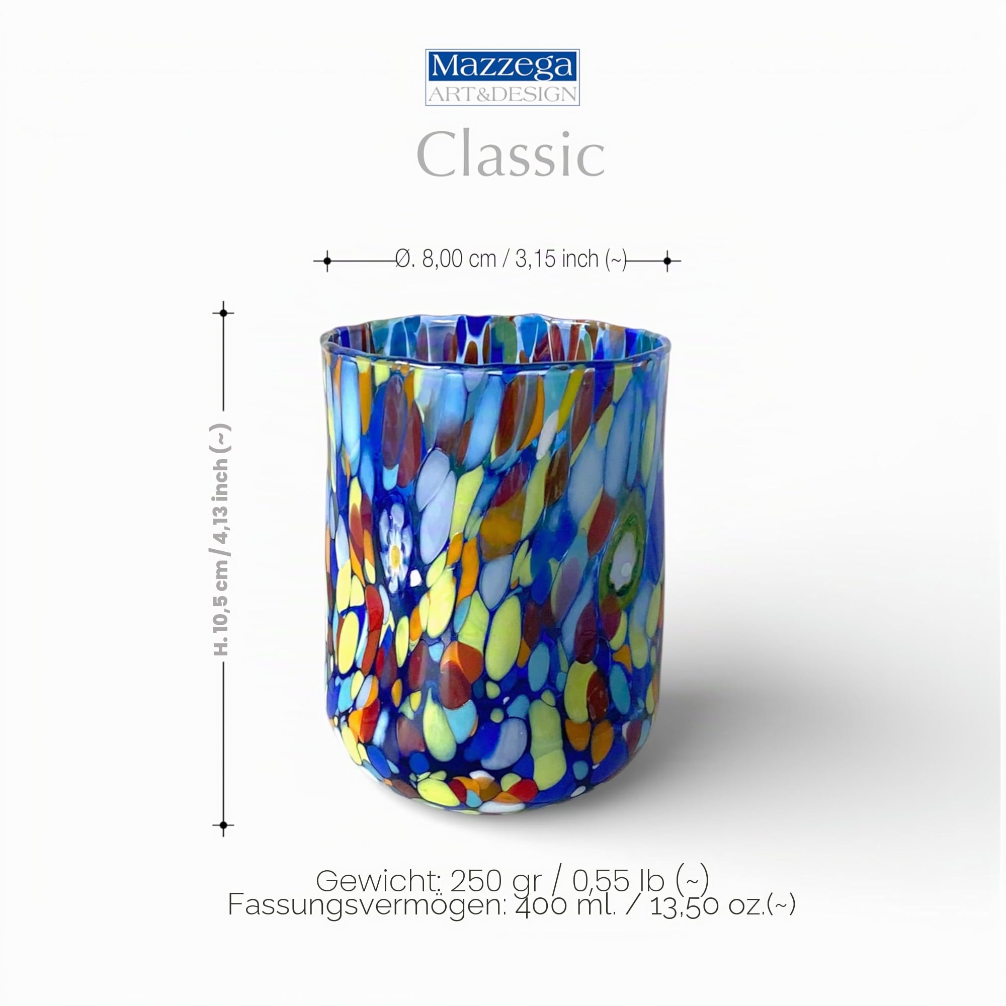 MAZZEGA ART & DESIGN - klassische zylindrische Gläser aus mundgeblasenem Glas, handgearbeitet, mit Murano-Murrine, Linie I Colori di Murano, 400 ml, hergestellt in Italien (6, MIX)