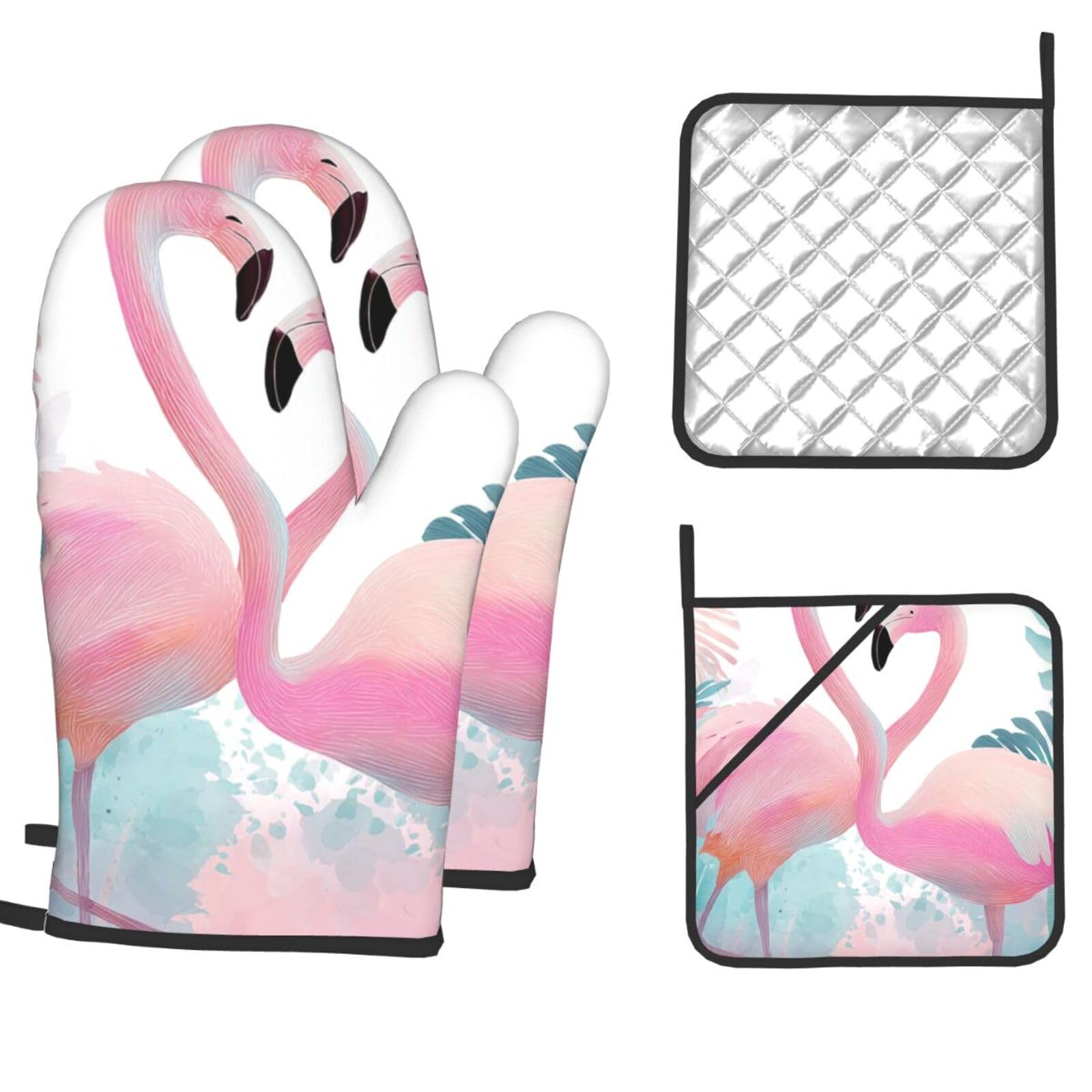 Oven Mitts and Pot Holders Sets of 4 Heat Resistant Kitchen Gloves Love Flamingo Oven Mitts BBQ Gloves Oven Gloves and Hot Pads Non-Slip Potholders for Kitchen Baking Cooking