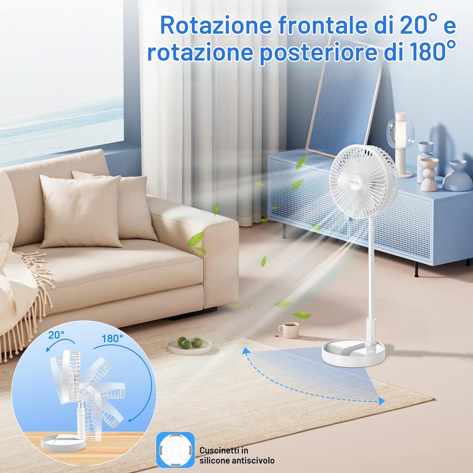 Ventilatore a Piantana Silenzioso Portatile, Ventilatore da Tavolo Alimentata Solare e a Batteria 5200mAh, Ventilatore da Scrivania Altezza Regolabile Pieghevole per Ufficio Casa Campeggio