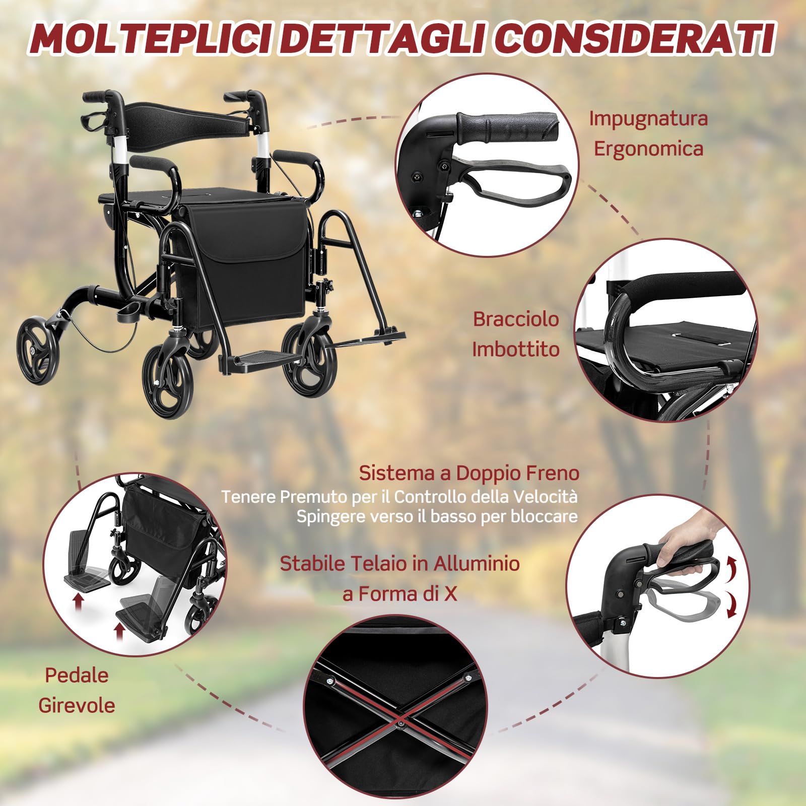 RELAX4LIFE 2 in 1 Deambulatore per Anziani, Sedia a Rotelle, Deambulatore con Seduta e 4 Ruote, Rollator Pieghevole in Alluminio Leggero, Portata Massima 160KG (Nero, 105 x 63 x 87-99 cm)