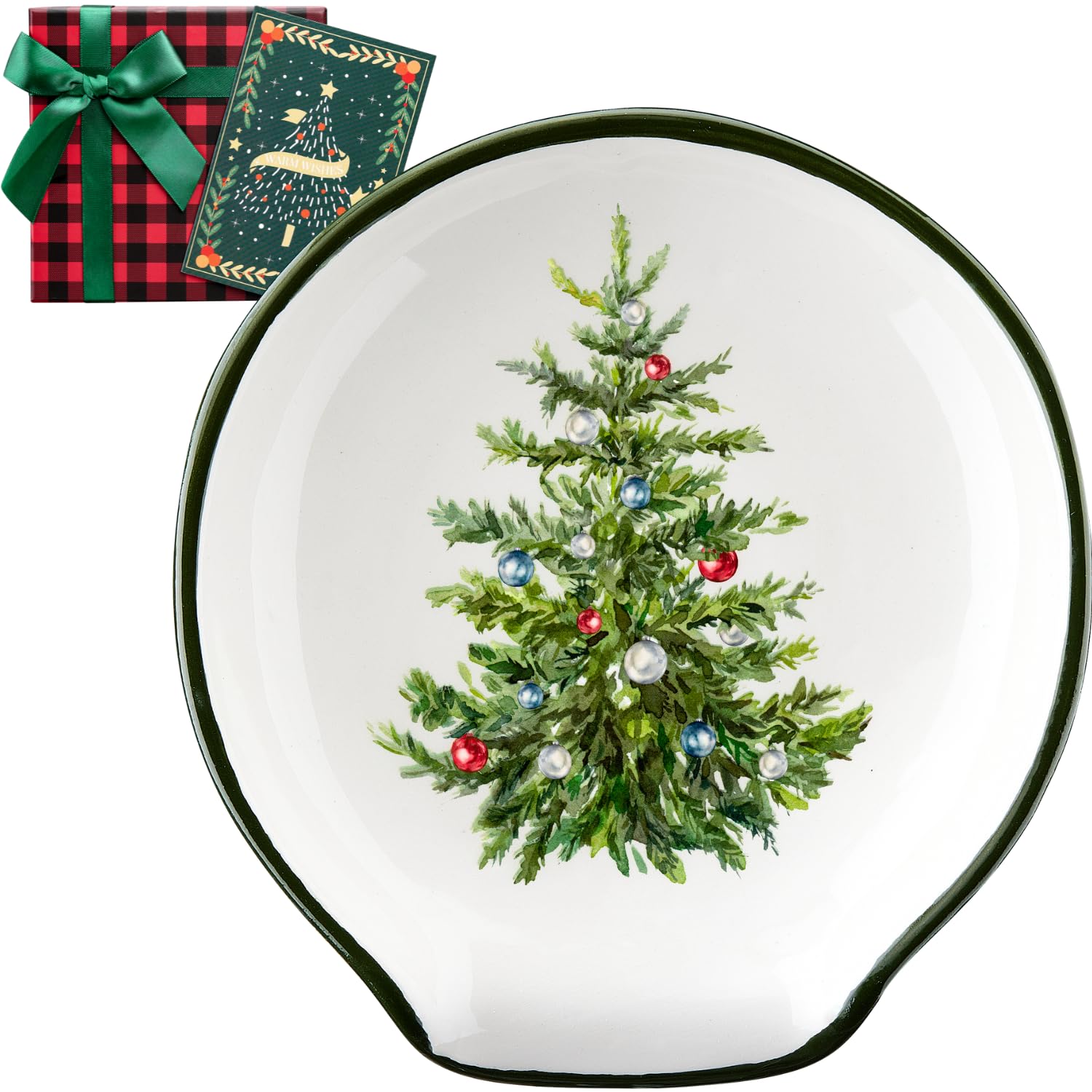 Tree Christmas Spoon Rest - Christmas Kitchen Decor, Green Pine Christmas Decorations Utensils Holder for Stove Top, 2024 Holiday Affordable Christmas Gifts w/Greeting Card - Ready Made Gift Boxes