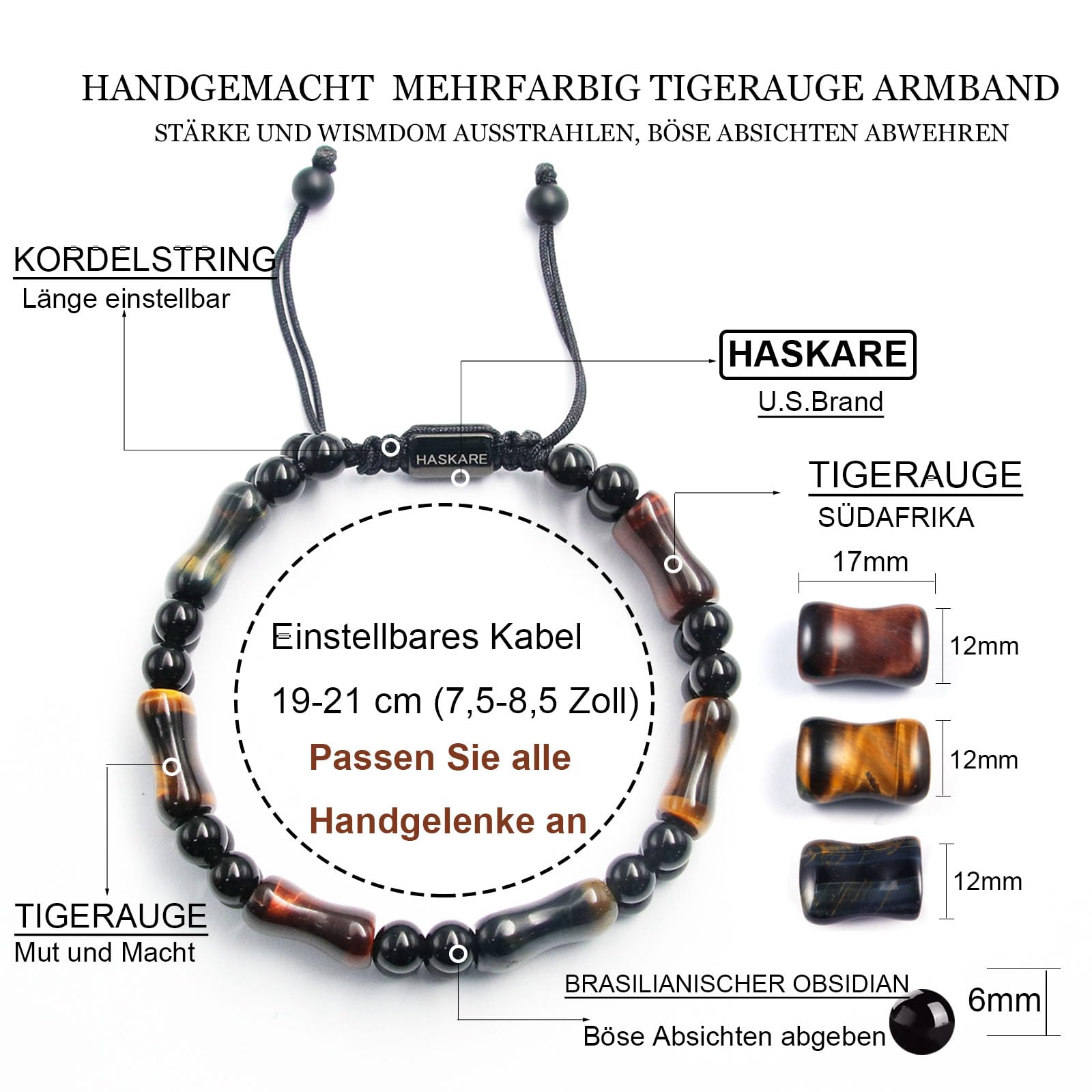HASKARE Armband Perlen Tigerauge Armband Herren, Echte Stein Einzigartig Kristallstein Armband Tigerauge Armbänder für Männer, Mehrfarbig Tigerauge Modeschmuck Herren Schutz Armband Geschenk für Ihn