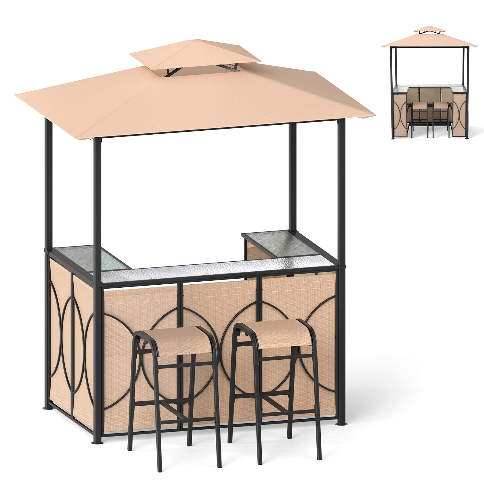 GOPLUS Abri Barbecue avec Bar d'Extérieur, Table de Bar en Verre Trempé, 2 Tabourets, 194 x 121 x 242 cm