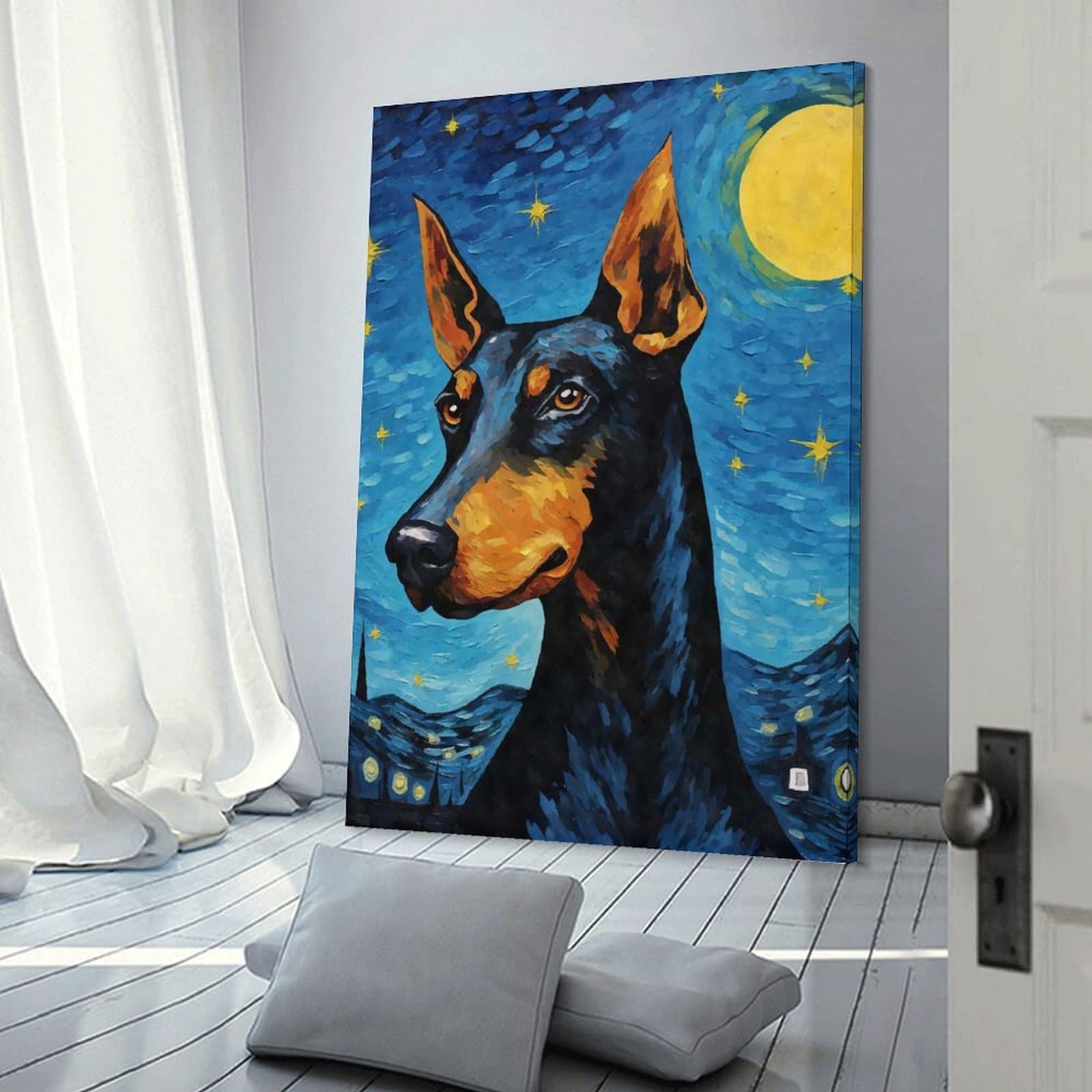 Junmoney Frame-Style-11 Dobermann Dog Starry Night Room Decor Wall Art, 12X18inch(30X45cm), For Living Room, Bedroom, Office Or Hallway, Decorative Artwork With Broad Appeal