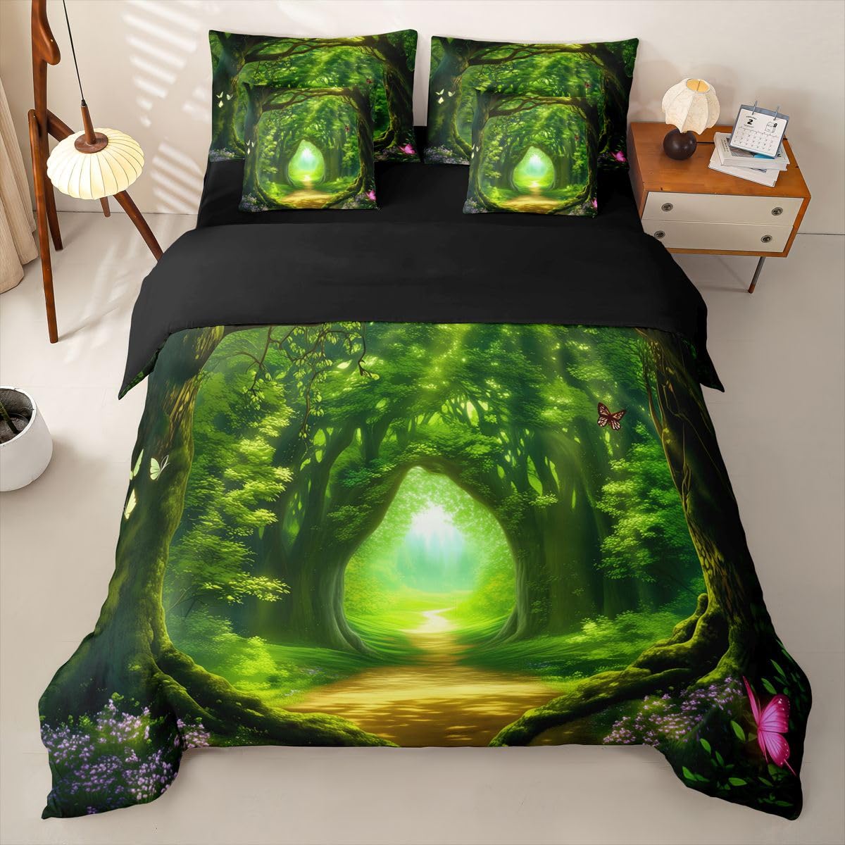 Loussiesd Juego de funda de edredón de 7 piezas, diseño de bosque botánico, tamaño doble, juego de ropa de cama completo con funda de edredón, sábanas, fundas de almohada, fundas de cojín