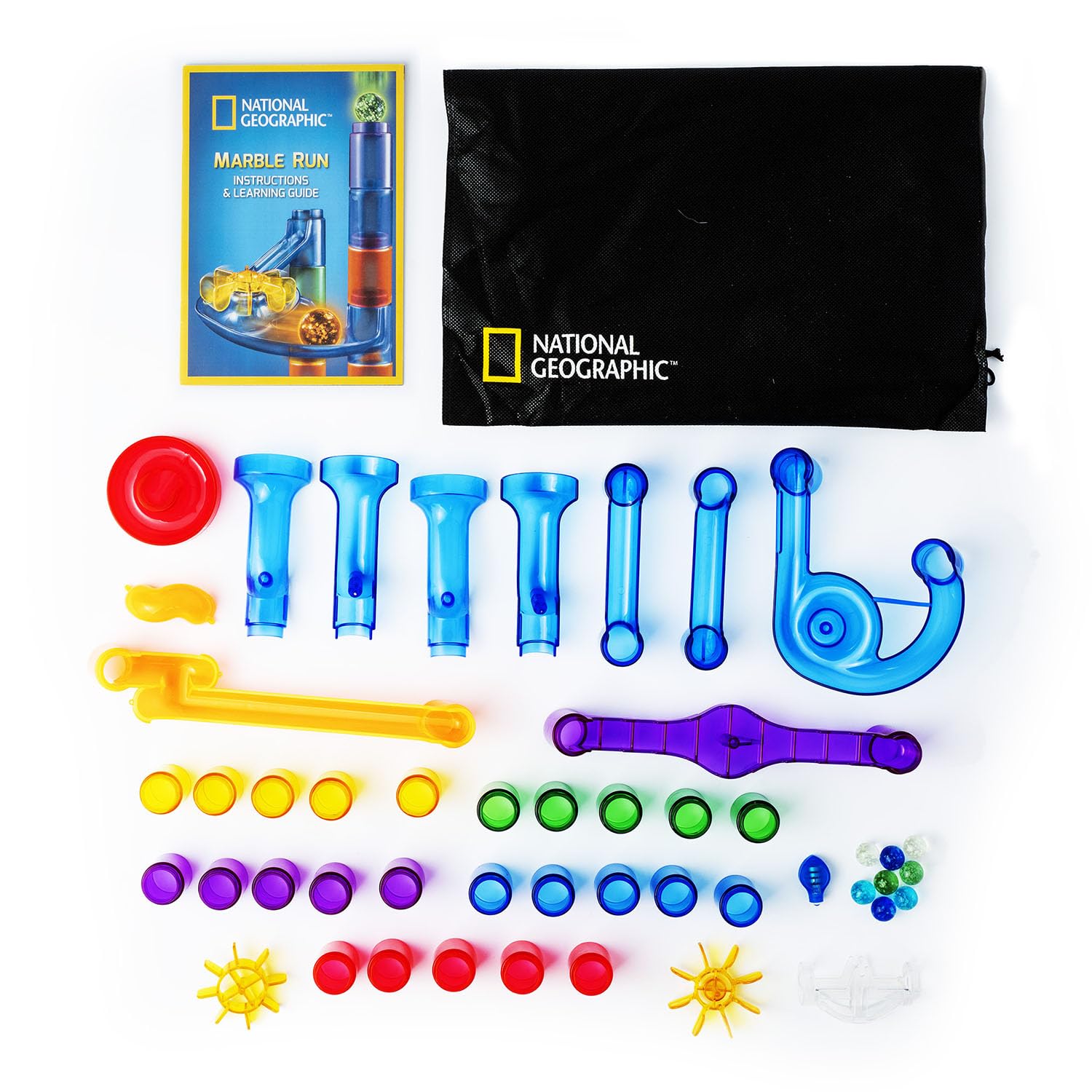 National Geographic Glow-in-the-Dark Marble Run dla dzieci, 50-częściowy zestaw konstrukcyjny ze świecącymi kulkami, światłem UV, torbą do przechowywania i przewodnikiem po fizyce