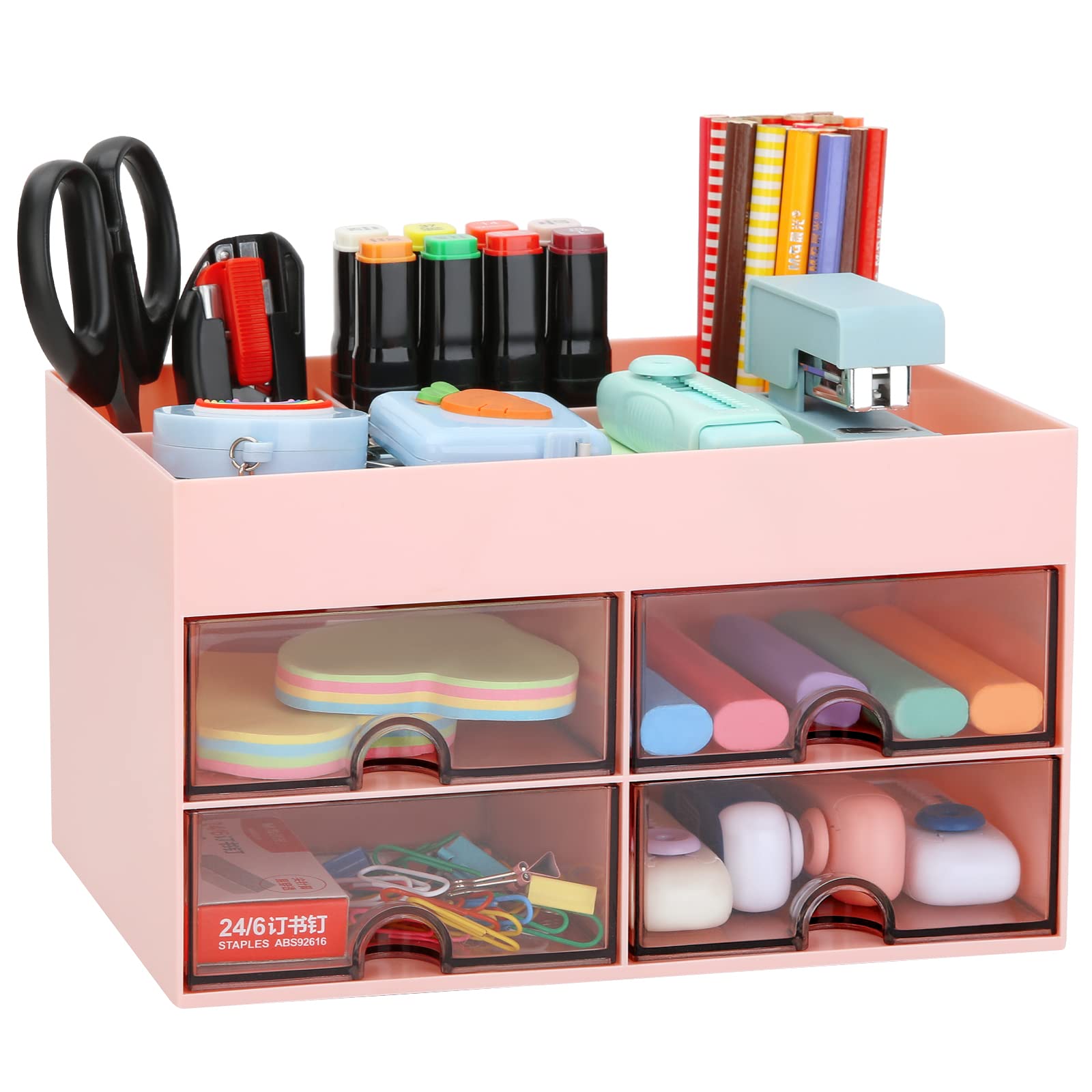 LETURE Office Desktop Organizer with Drawer, Desk Top Accessories Stationary Organizer Desk Caddy, Pen/Pencil/Business Card/Sticky Note Tray/Paperclip Holder Storage Box (Pink) - Pink