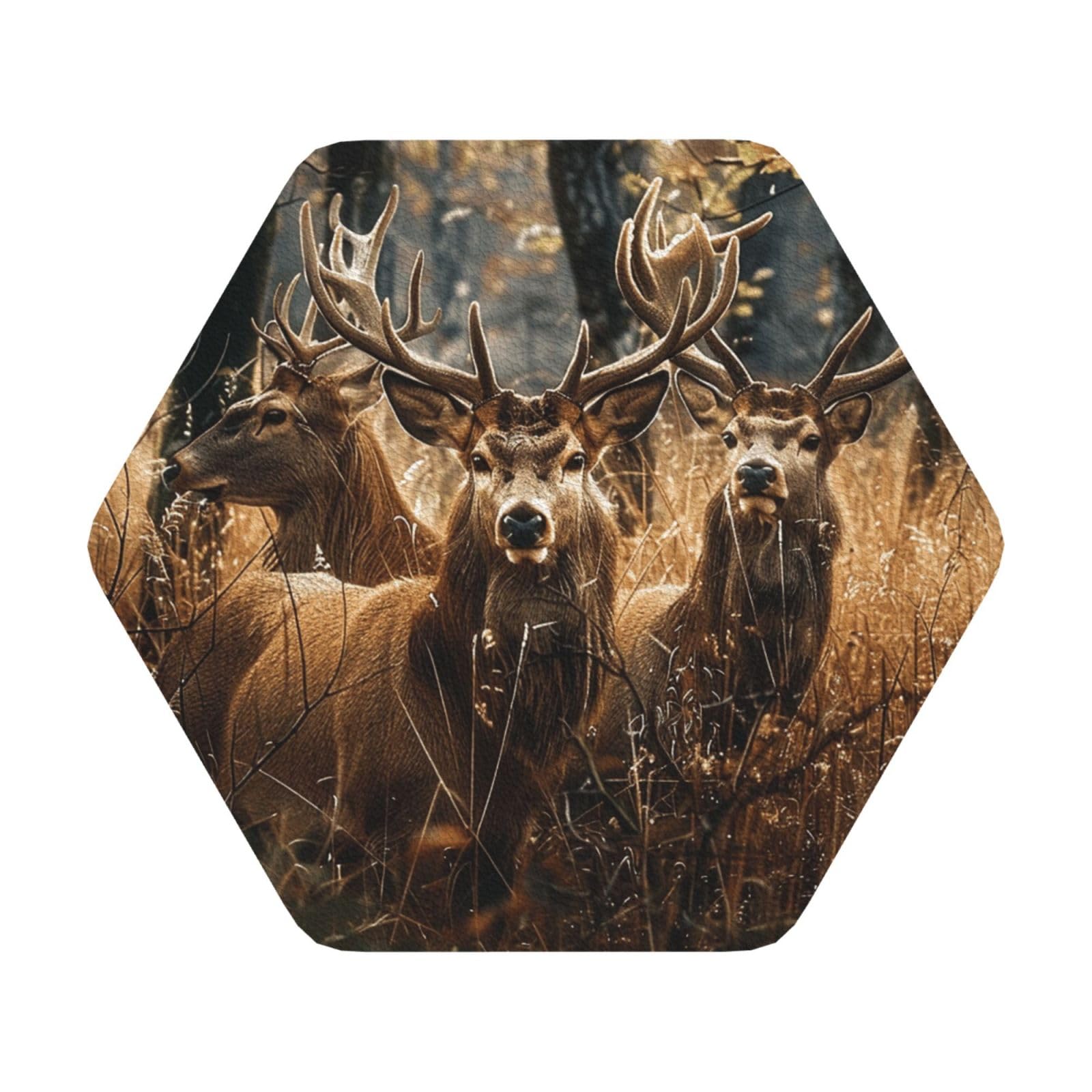 Nature wild Animal Deers Print Leather Coaster Set of 6, Hexagon Coasters Table Decorative Coffee Cup Beverage Coasters Wine Beer Bar Coasters for Hot Drinks Table Protection