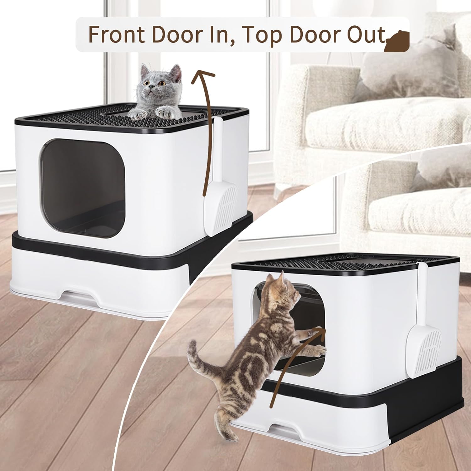 RIZZARI Stainless Steel Cat Box: Enclosed Design with High Walls - Black - Large Litter Pan for Odor Control Indoors