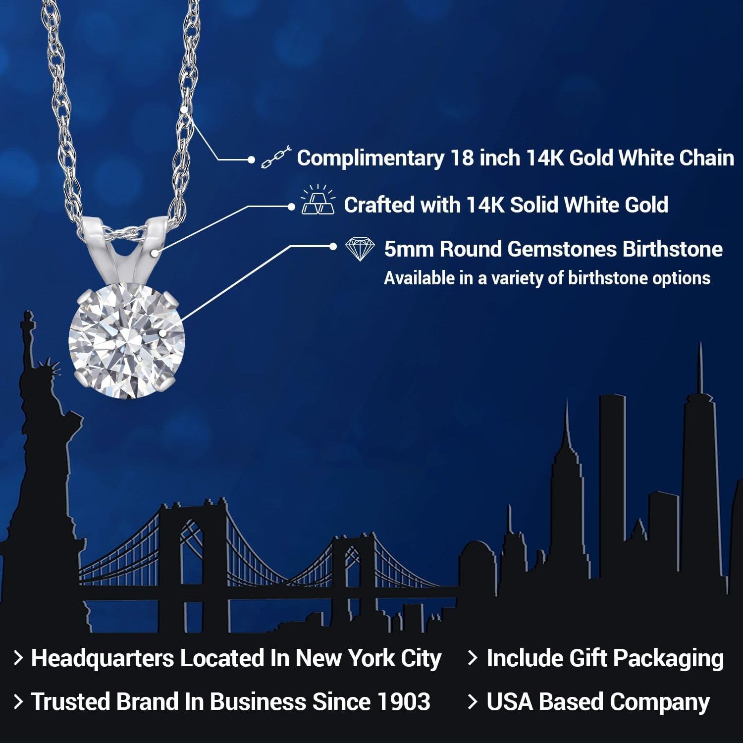 Gem Stone King 14K White Gold Round 5MM Gemstone Birthstone Solitaire Pendant Necklace | White Gold Necklace for Women | With 18 Inch Gold Chain