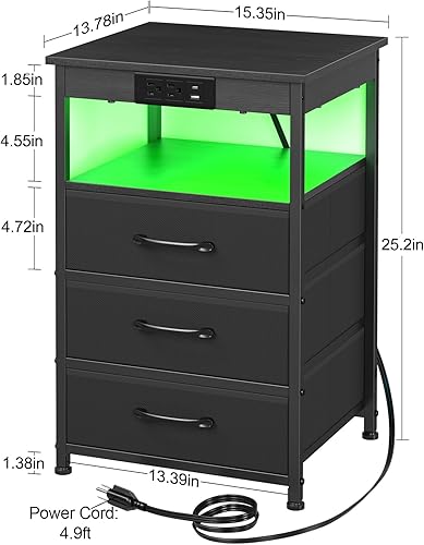 Miniatura 3 de Juego de 2 mesitas de noche LED con estación de carga, mesas auxiliares con puerto USB C y tomas, mesita de noche con 3 cajones de tela de
