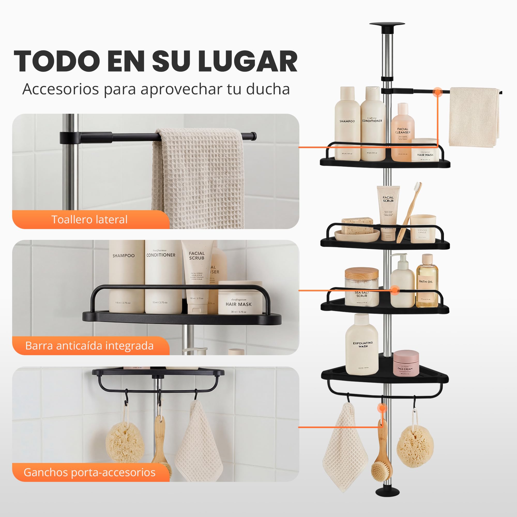 Estanteria Telescopica de Baño Altura Ajustable 254cm Esquinero Plástico Metal sin Taladro 4 Baldas Negro