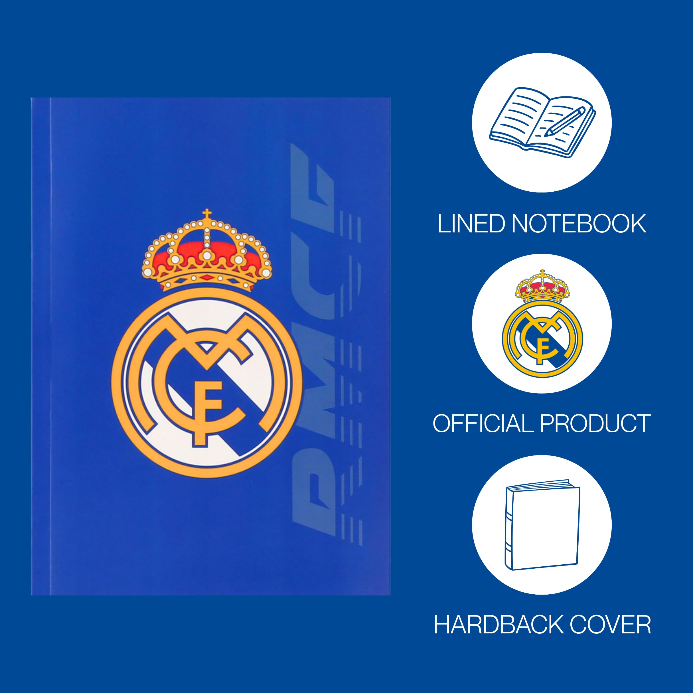 CF REAL MADRID Juego de Papelería para Niños, Incluye Cuaderno Boligrafos Regla Borrador y Botella Cantimplora 650ml, Regalo para Niños