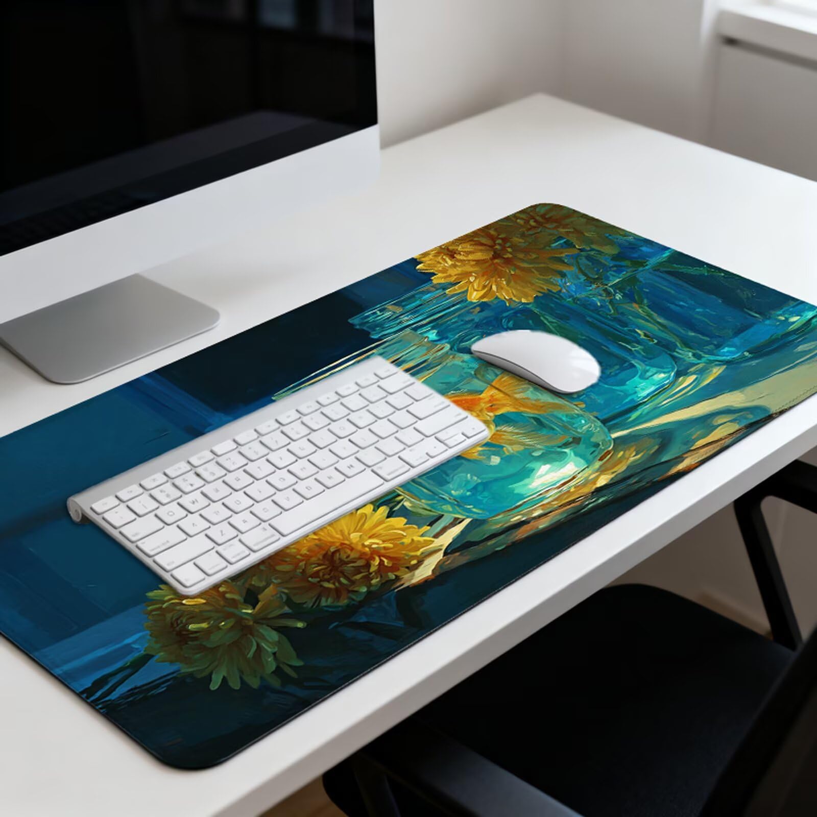 Podkładka pod mysz ryba podkładka pod mysz XXL 1200 x 600 mm chryzantema pod biurko z wodoodporną powierzchnią i antypoślizgową podstawą, podkładka pod mysz do biura, komputera, poprawia prędkość 3Y