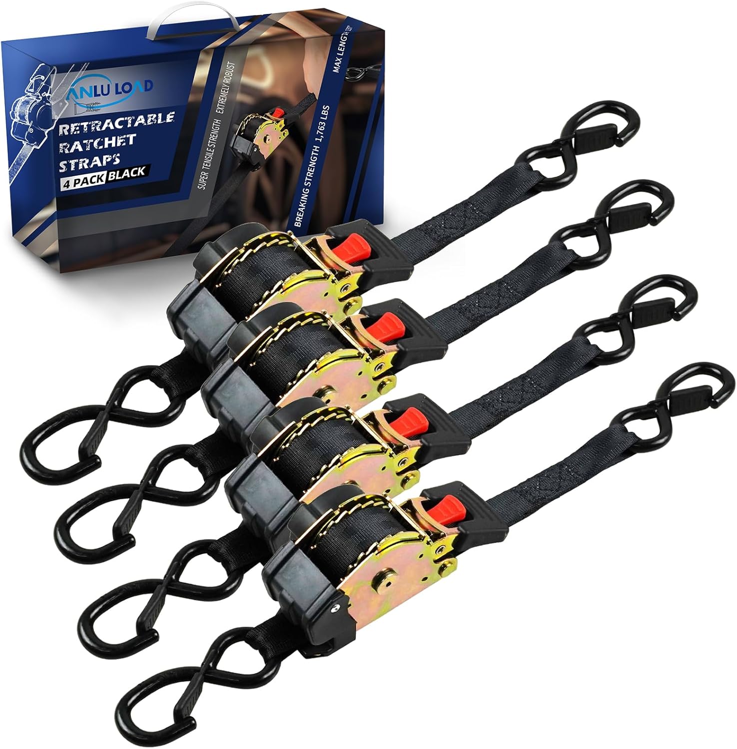 ANLULOAD Retractable Ratchet Strap,(1In*9.84Ft) S Hook Retractable Tie Down Strap for Motorcycles, Boats,Atvs,Utvs. BS:1763lbs