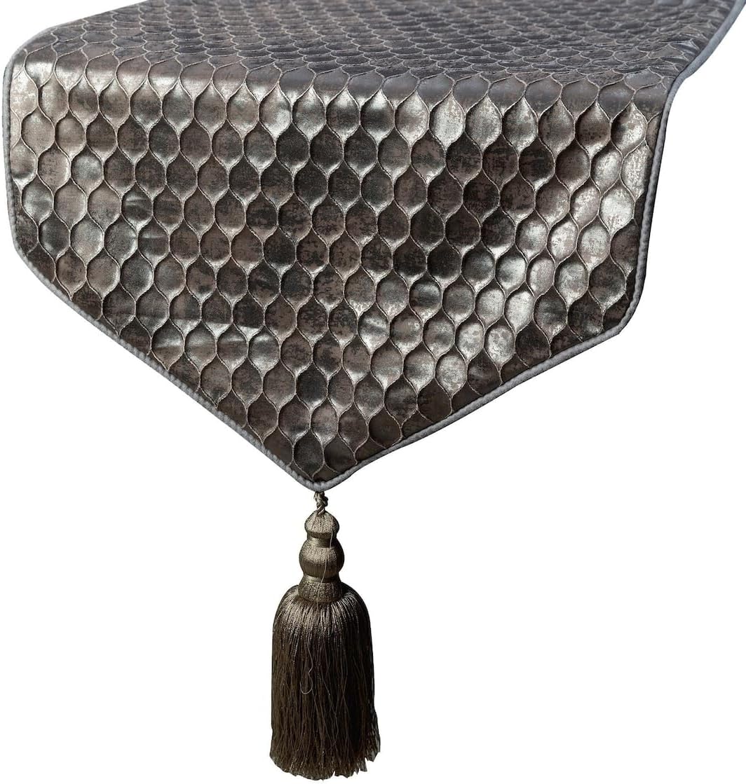 The HomeCentric Decorative Table Runner Rust, Gold, Clear, 14 inch Wide x 120 inch Extra Long Silk Beaded Table Runner Golden Pearls Sequin Bead Stone Embroidered Pleated - Pearl Crystal Sequin