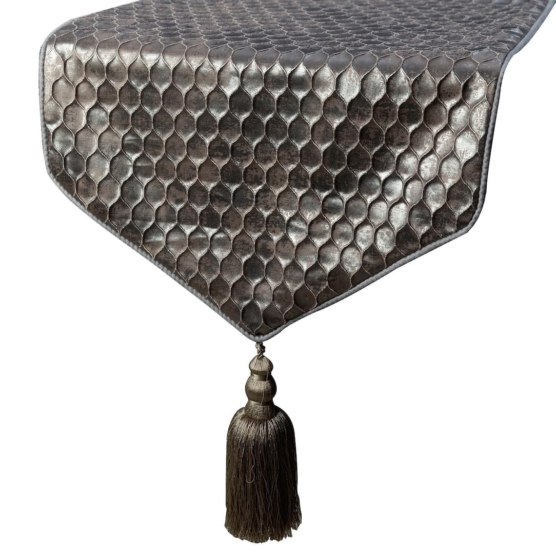 The HomeCentric Decorative Silver Table Runner 35 x 160 cm, Foil & Beehive with Tassels Table Runner, Satin fabric Table Linen, Geometric Pattern Modern Style Wedding Décor - Silver — image 1