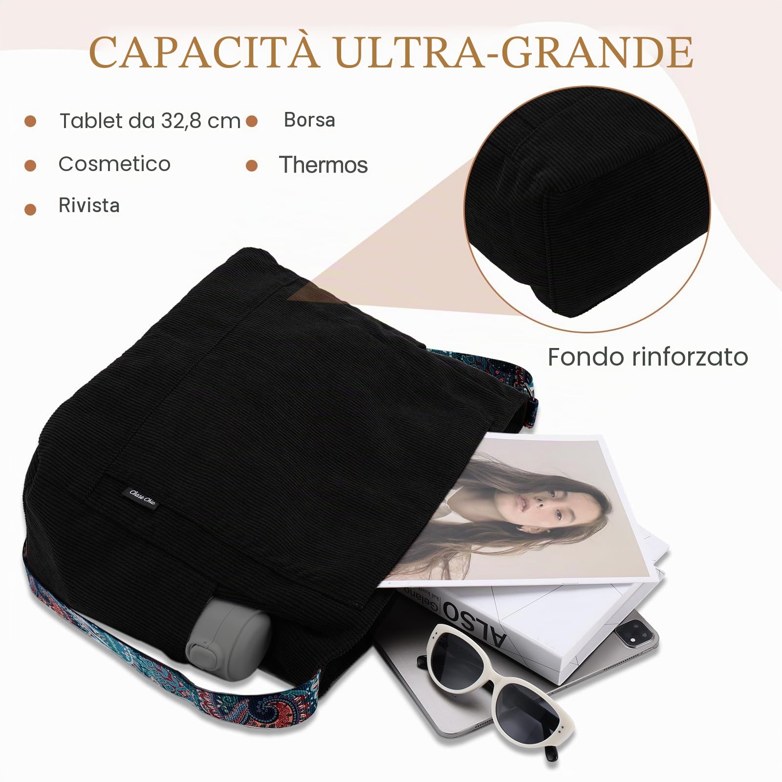 Chase Chic Borsa a Tracolla Donna, Casual Borsette Spalla Donna Velluto a Coste Grande Hobo Shopper Bag per Università Viaggi