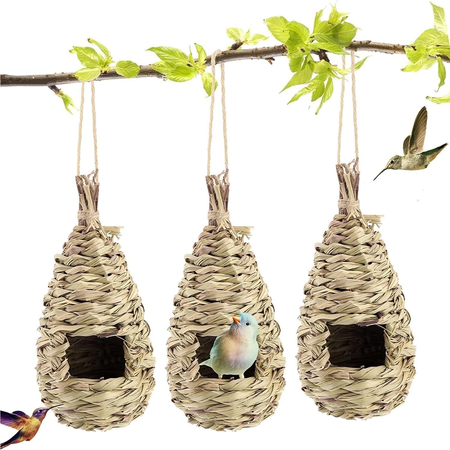 Bolivia's Straw Bird Nest, 3 Pcs Bird House Natural, Hanging Bird Nesting Boxes, Bird Houses for Garden Outdoor Tree Hummingbird Robin, Hand Woven Bird Nesting Boxes for Garden Decoration